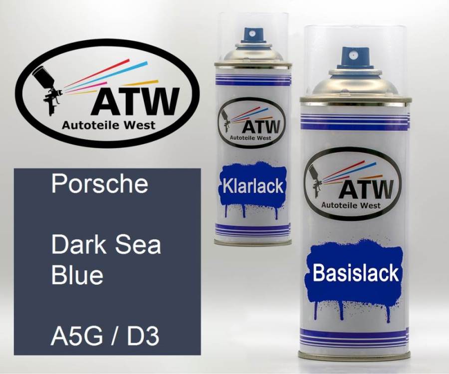 Porsche, Dark Sea Blue, A5G / D3: 400ml Sprühdose + 400ml Klarlack - Set, von ATW Autoteile West.